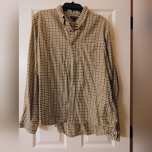 Vintage 90s Lands' End Men's Tan Checkered Button Down Shirt Size XL